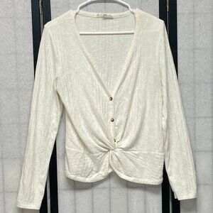 Hippie Rose Off White Twist Knot Low V-Neck Top L Boho Chic Button Front Blouse